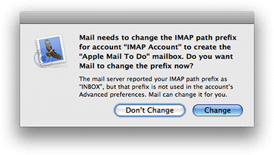 Dialog in Leopard Mail: ‘Mail needs to change the IMAP path prefix…’